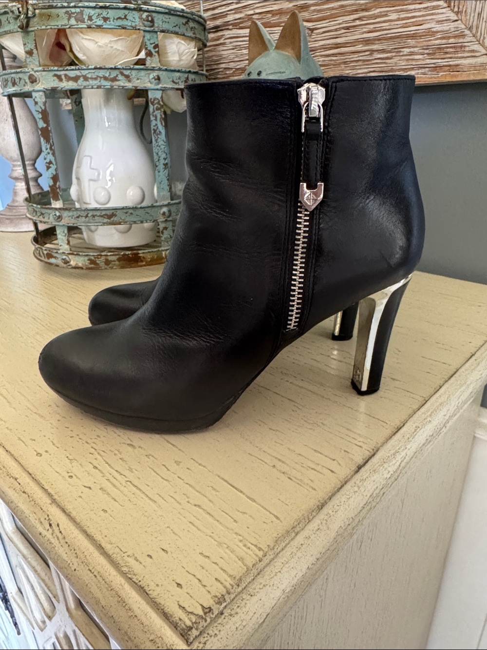 ANTONIO MELANI Black Leather Ankle Booties with Silver Heel